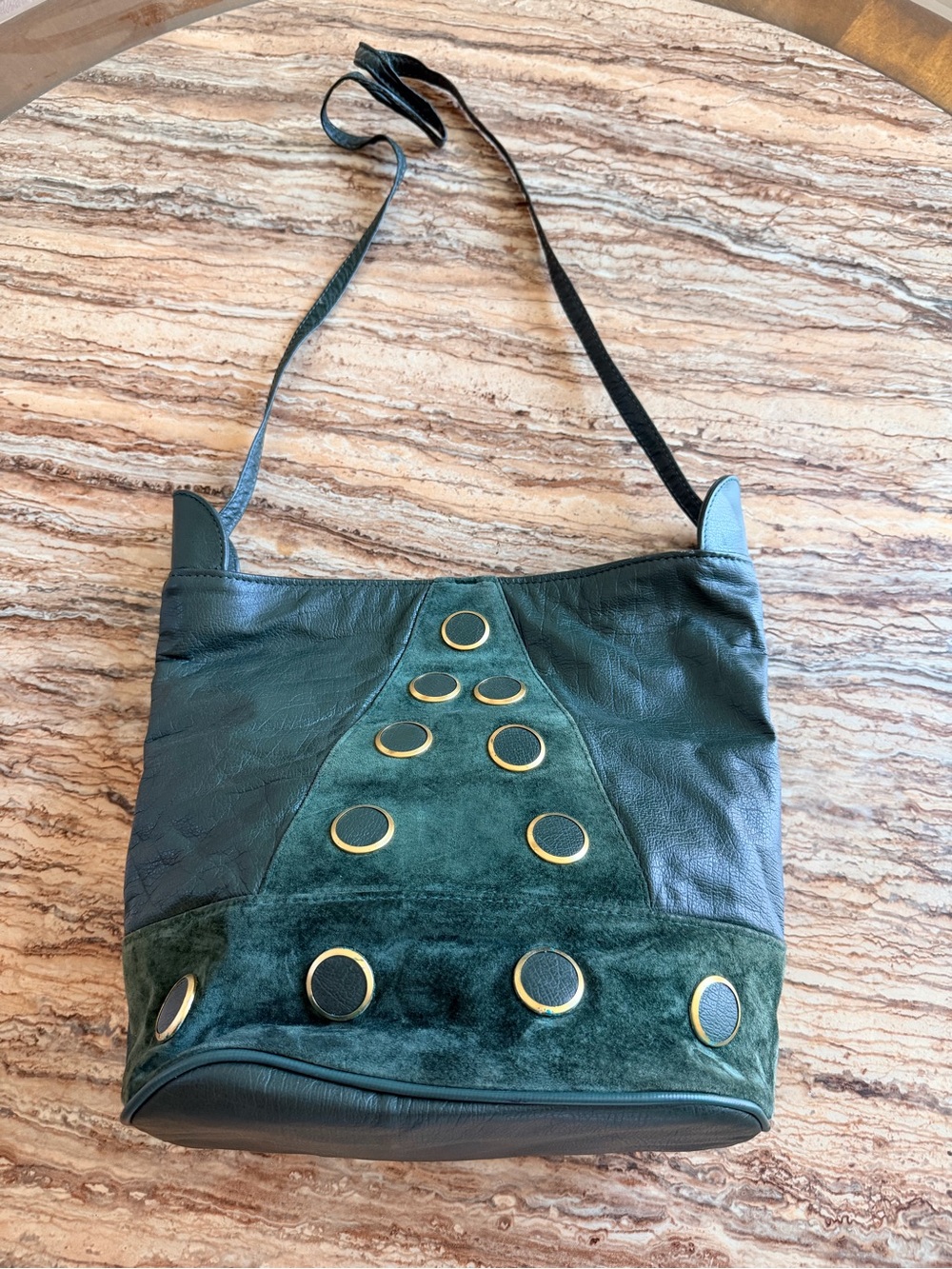 Vintage Samir Green Leather & Suede Shoulder Bag with Gold Stud Detailing
